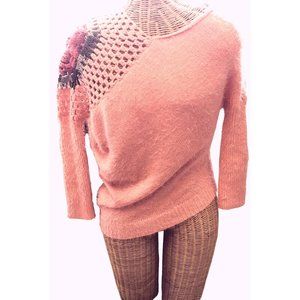 Women's Crochet Sweater Pink Mohair Asymmetrical Rose Flower Trim 3/4 Sleeve M